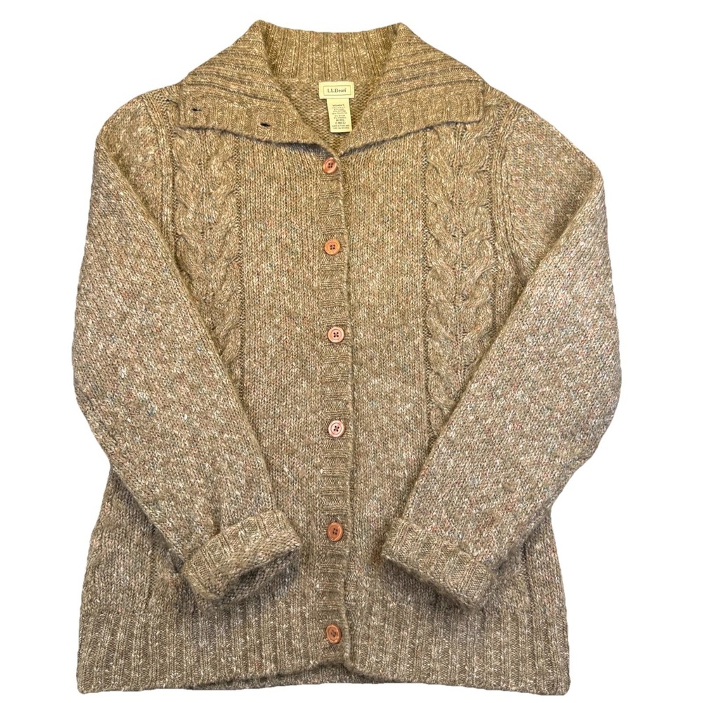 L.L. Bean Womens M Cable Knit Button Cardigan Sweater Shawl Neck Lt Brown VTG